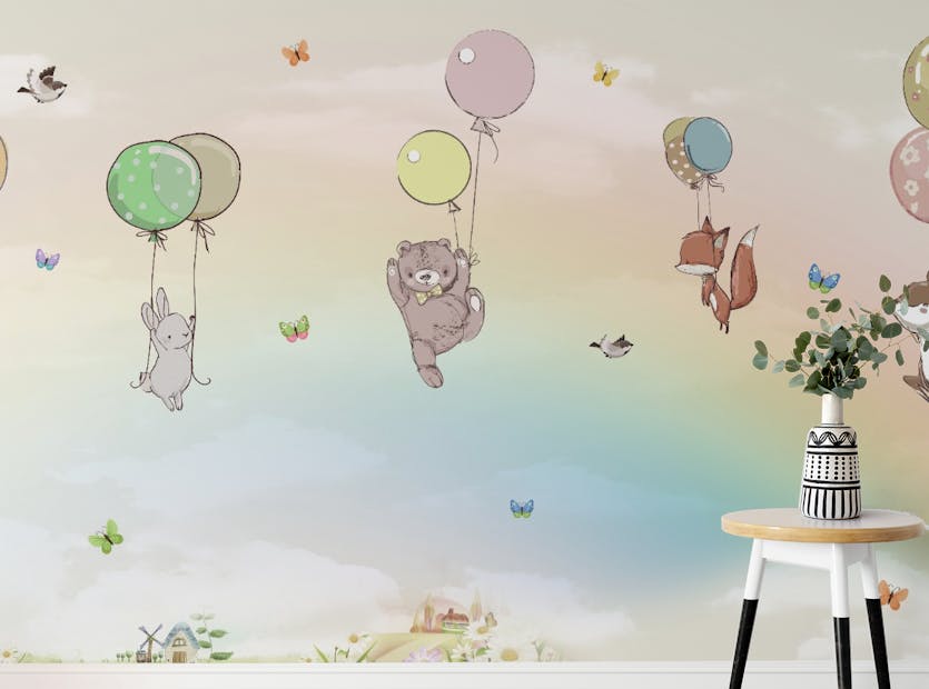 Removable Flying Animals With Balloons Rainbow Kids Room Wallpaper