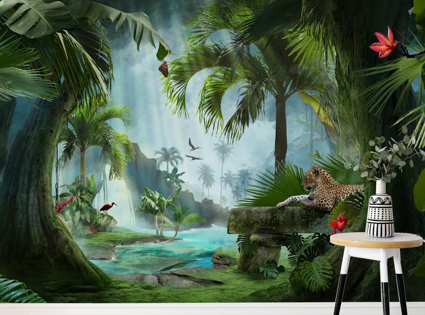 Removable Nature Forest Lagoon Panther Wallpaper For Walls