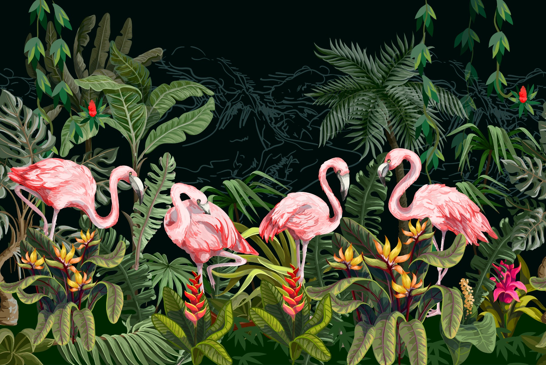 Watercolor Dark Forest Flamingos Wallpaper Wall Mural
