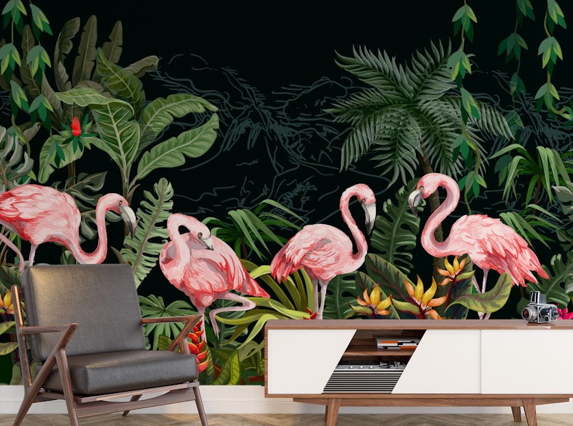 Removable Dark Forest in Flamingos Wallpaper Mural