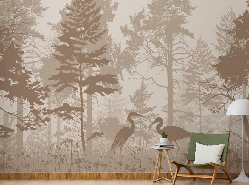Peel and Stick Dusty Brown Forest Herons Wallpaper Wall Mural