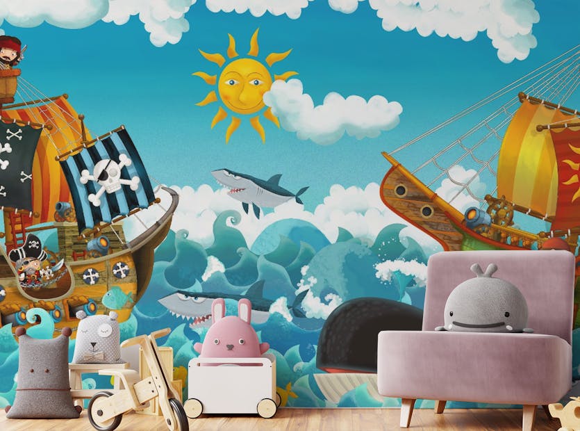 Peel and Stick Cartoon Scene Pirates Sea Battle Illustration Children Wallpaper