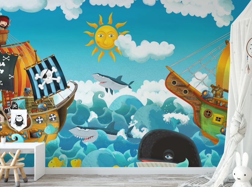 Removable Cartoon Scene Pirates Sea Battle Illustration Children Wallpaper