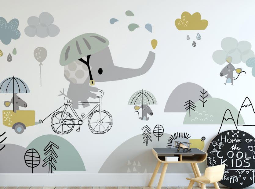 Peel and Stick Elephant on a Bicycle Childrens Room Wallpaper