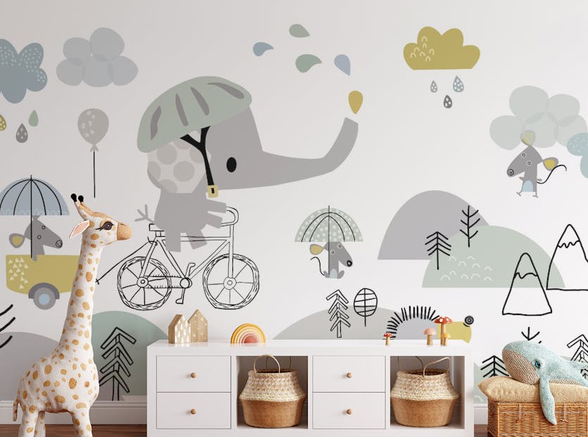 Removable Elephant on a Bicycle Childrens Room Wallpaper