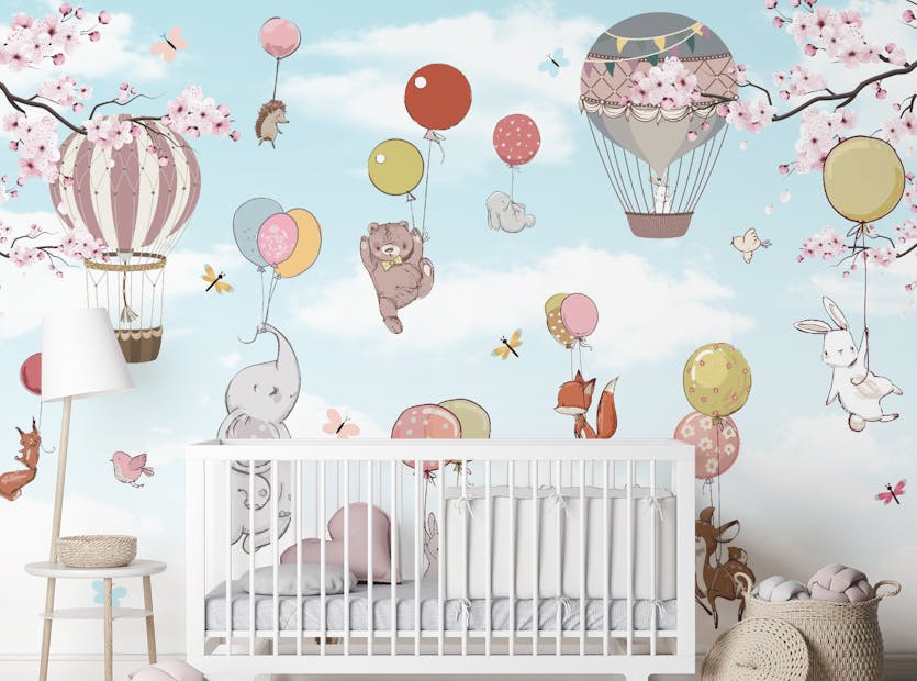 Peel and Stick Animals Flying on Balloons Wallpaper Mural