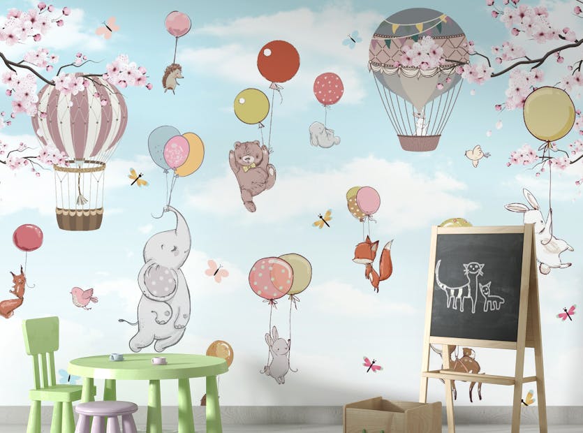 Removable Animals Flying on Balloons Wallpaper Mural