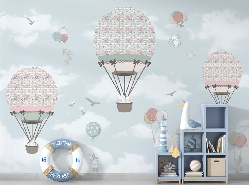 Removable Cartoon Animal Flying with Balloons Wallpaper Peel and Stick