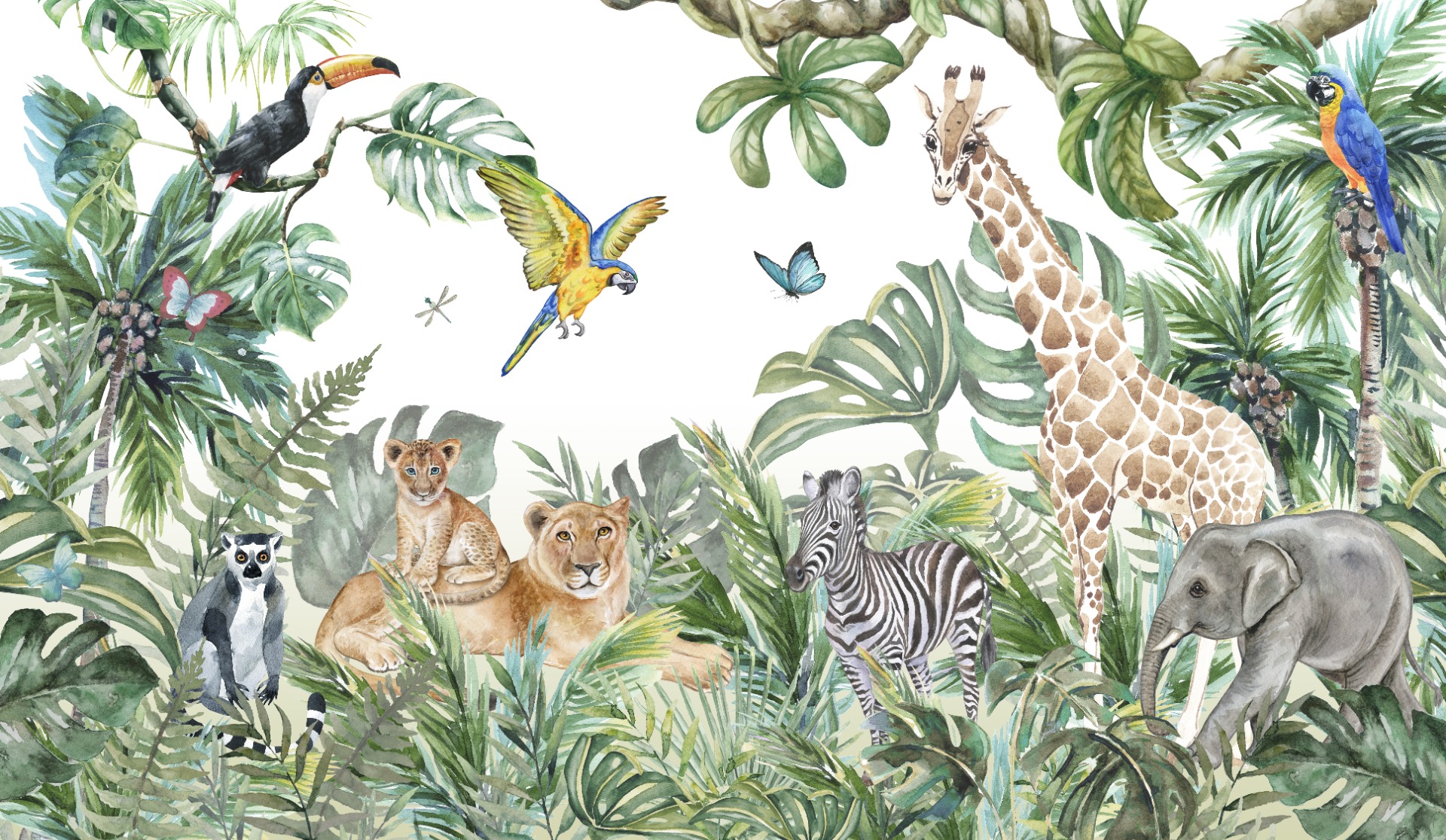 Watercolor Animals Jungle Book Peel and Stick Wallpaper Mural