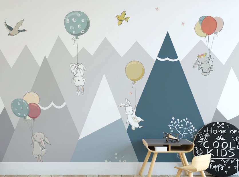 Peel and Stick Jovial Rabbits Flying and Mounties Wallpaper Mural