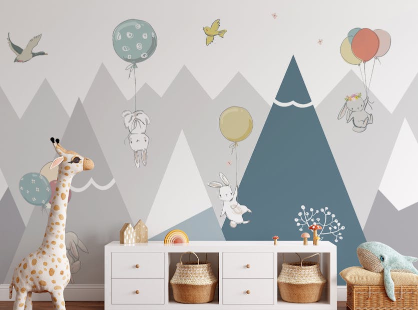 Removable Jovial Rabbits Flying and Mounties Wallpaper Mural