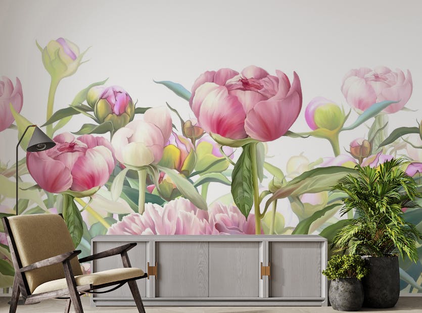 Peel and Stick Dainty Peonies Wild Pink Flower Wallpaper Mural