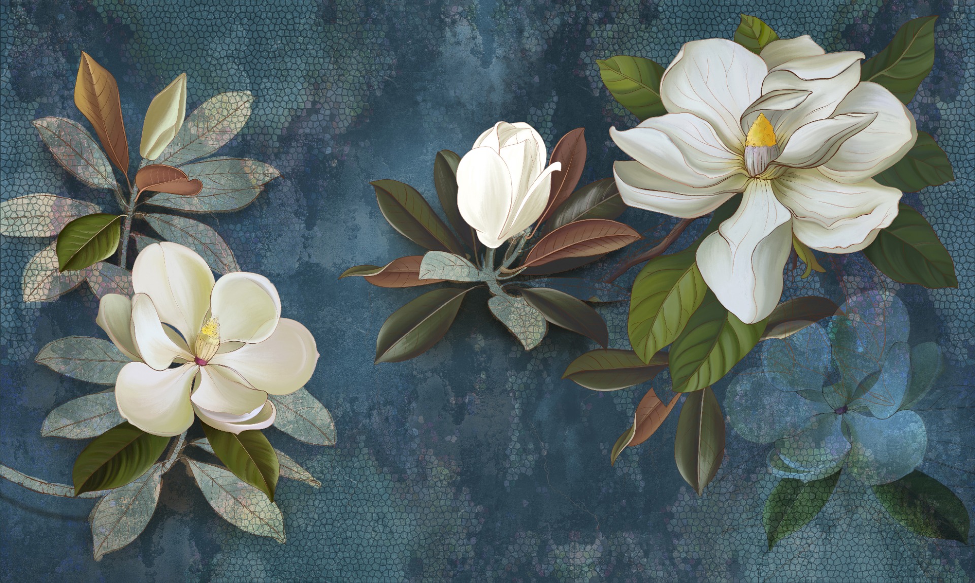 Bloomy Blue Magnolia White Floral Luxury Wallpaper Mural