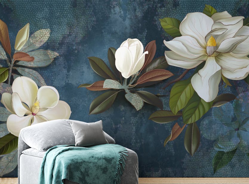 Peel and Stick Bloomy Blue Magnolia White Flower Wallpaper Wall Mural