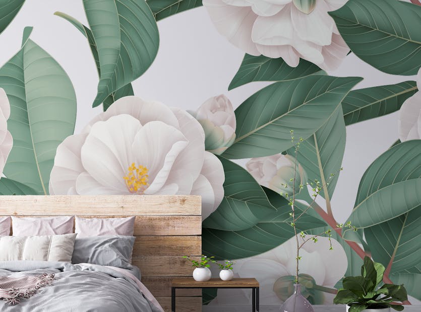 Removable White Camellia Flowers Wallpaper Mural