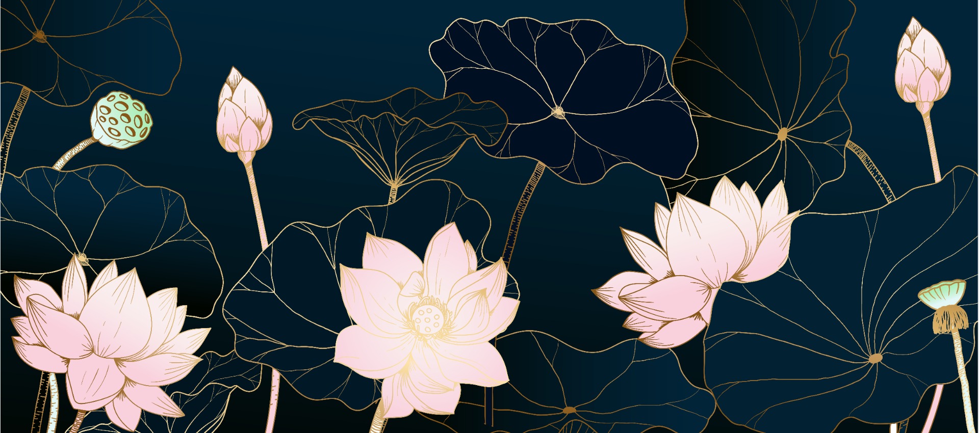 Luxurious Golden Color Lines Lotus Flowers Wallpaper Mural