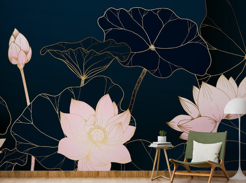 Peel and Stick Luxury Golden Lines Lotus Flower Wallpaper Mural