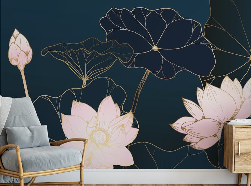Removable Luxury Golden Lines Lotus Flower Wallpaper Mural