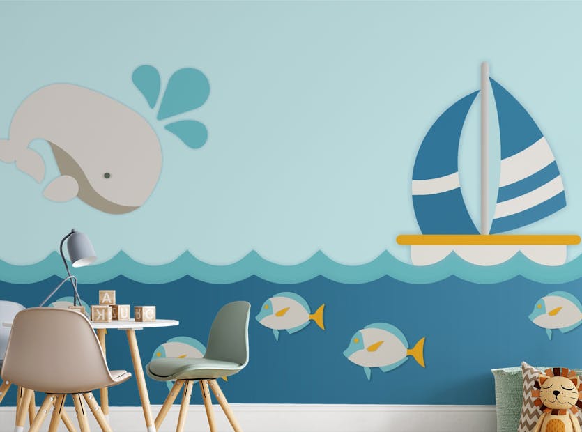 Peel and Stick Cartoon Aquatic Whale with Boat Kids Bedroom Wallpaper Mural