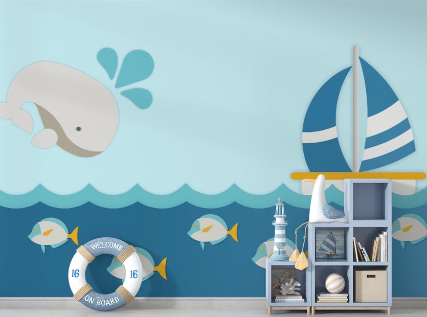 Removable Cartoon Aquatic Whale with Boat Kids Bedroom Wallpaper Mural
