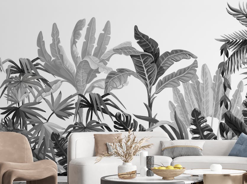 Removable Black & White Tropical Banana Leaf Wallpaper