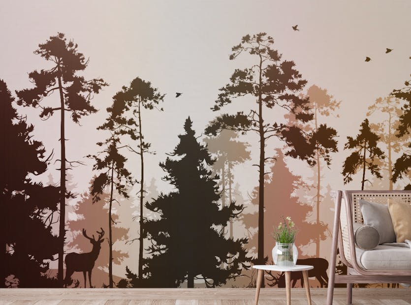 Peel and Stick Pine Forest Deer and Birds Nature Wallpaper Mural