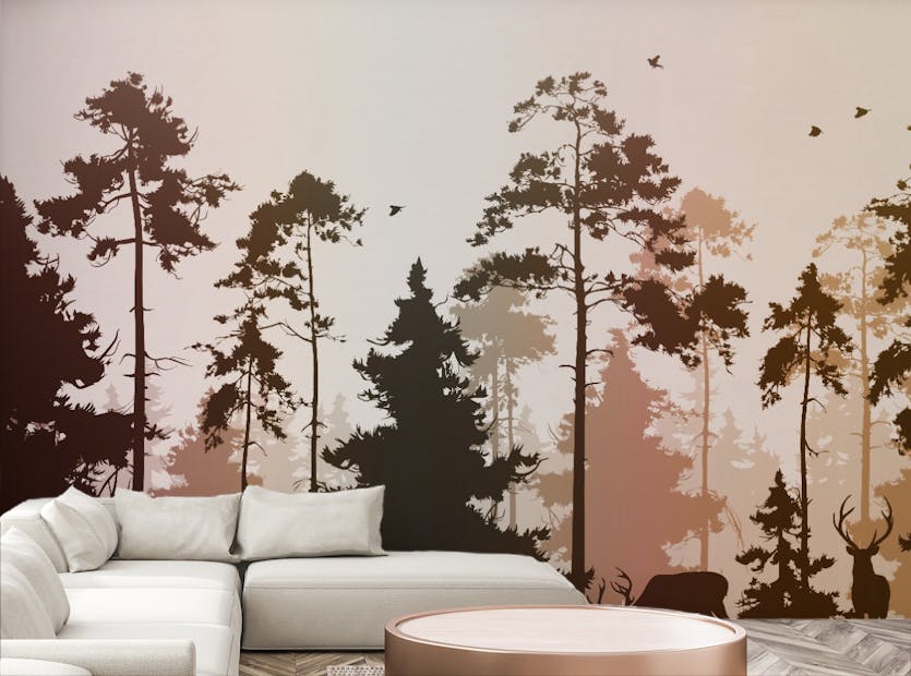 Removable Pine Forest Deer and Birds Nature Wallpaper Mural