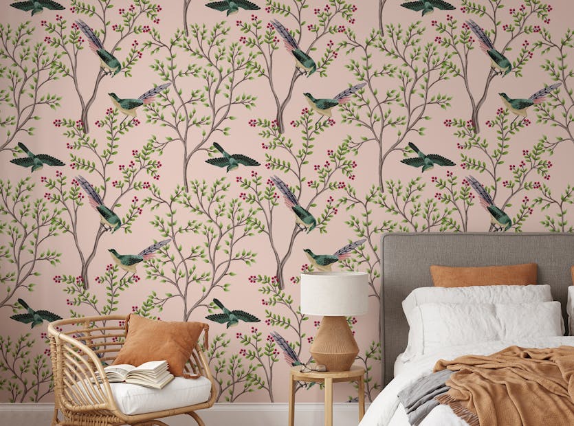Peel and Stick Chinoiserie Birds and Foliage Blush Pink Color Wallpaper