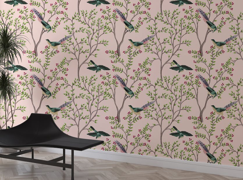 Removable Chinoiserie Birds and Foliage Blush Pink Color Wallpaper