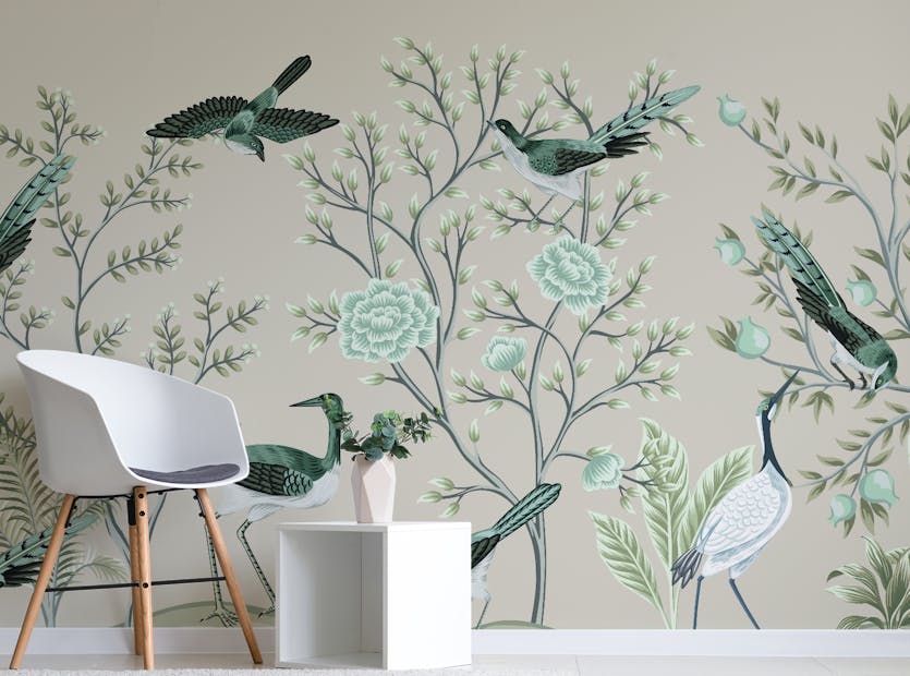 Peel and Stick Removable Vintage Garden Tree Crane Birds Floral Wallpaper