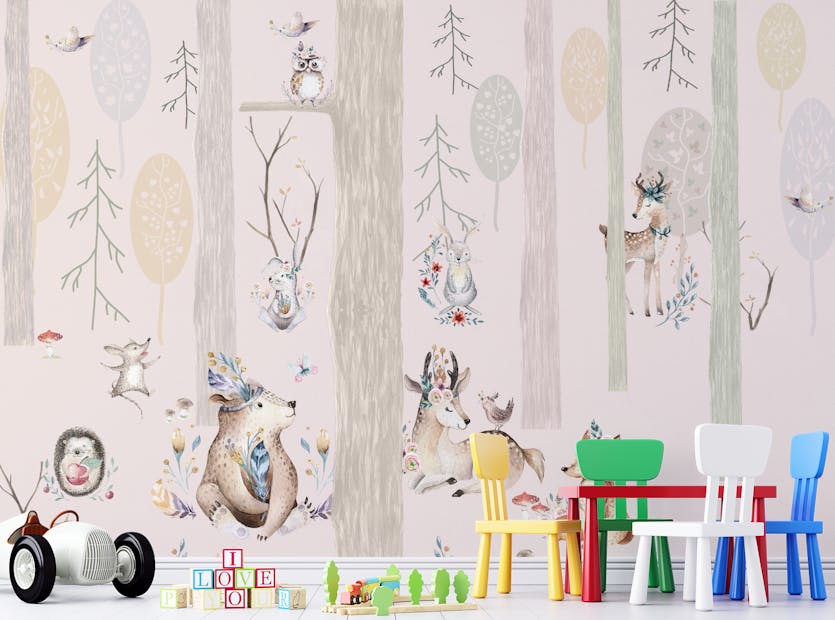 Removable Girls Room Magical Pink Color Forest With Animal Wallpaper