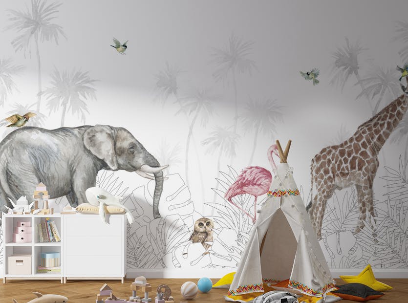 Removable Watercolor Wildlife Animal White Wallpaper Mural