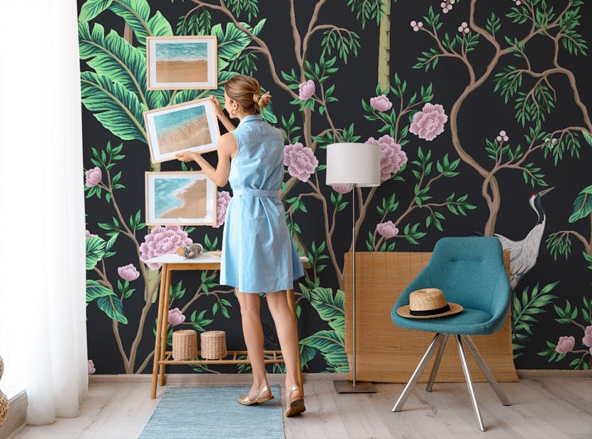 Peel and Stick White Birds with Pink Floral & Green Leaves Wallpaper Murals