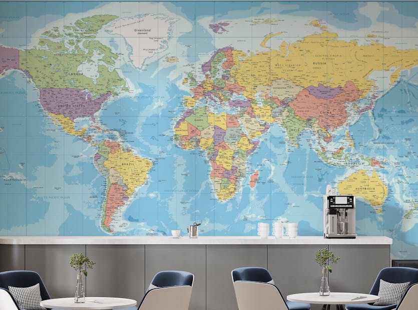 Peel and Stick Blue Color Political Kids Room World Map Wallpaper