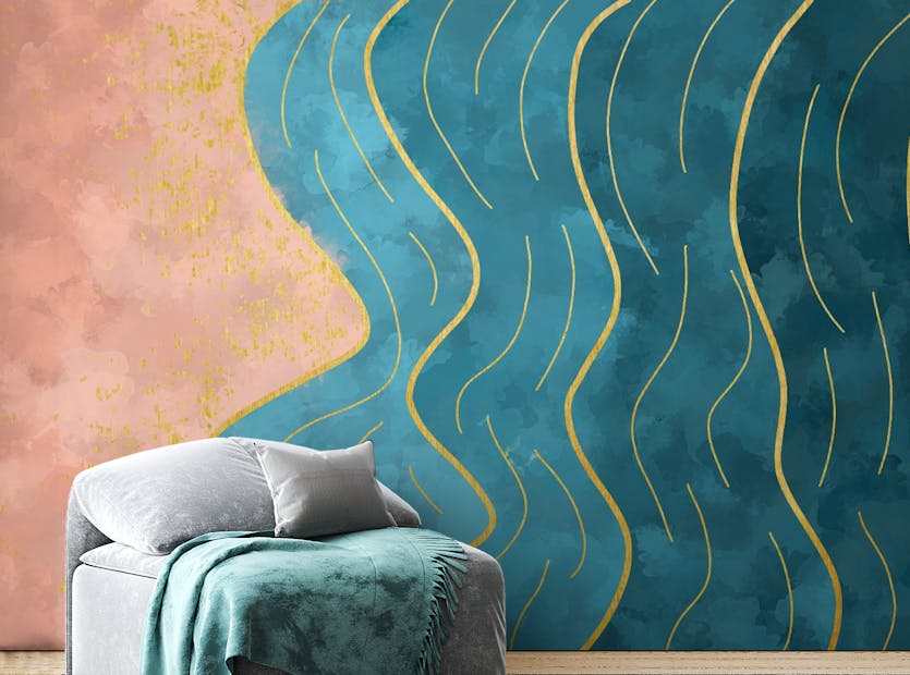 Peel and Stick Abstract Watercolor Blue Wave Gold Line Wallpaper