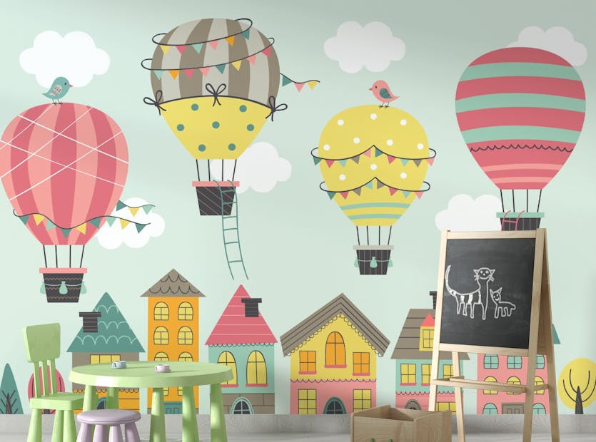 Removable Four Colorful Hot Air Balloons Nursery Wallpaper Murals