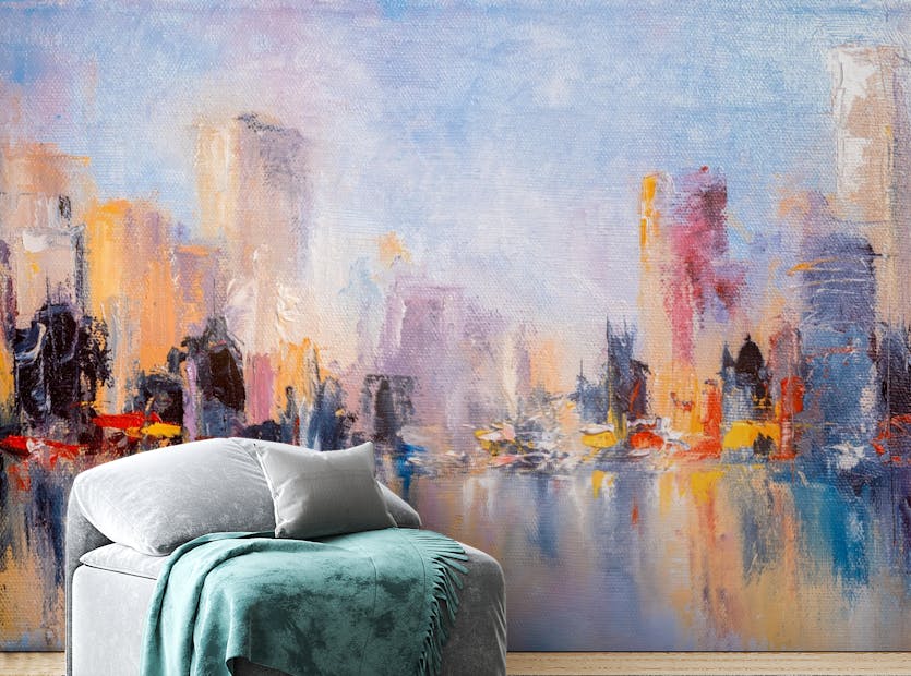 Peel and Stick Colorful City Skyline Oil Paint Wallpaper Wall Murals