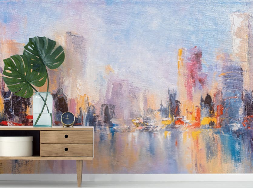 Removable Colorful City Skyline Oil Paint Wallpaper Wall Murals