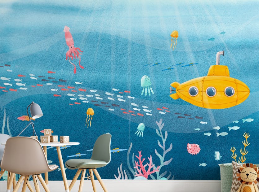 Peel and Stick Underwater Sea Life and Yellow Submarine Wallpaper