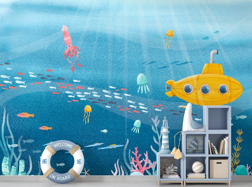 Removable Underwater Sea Life and Yellow Submarine Wallpaper