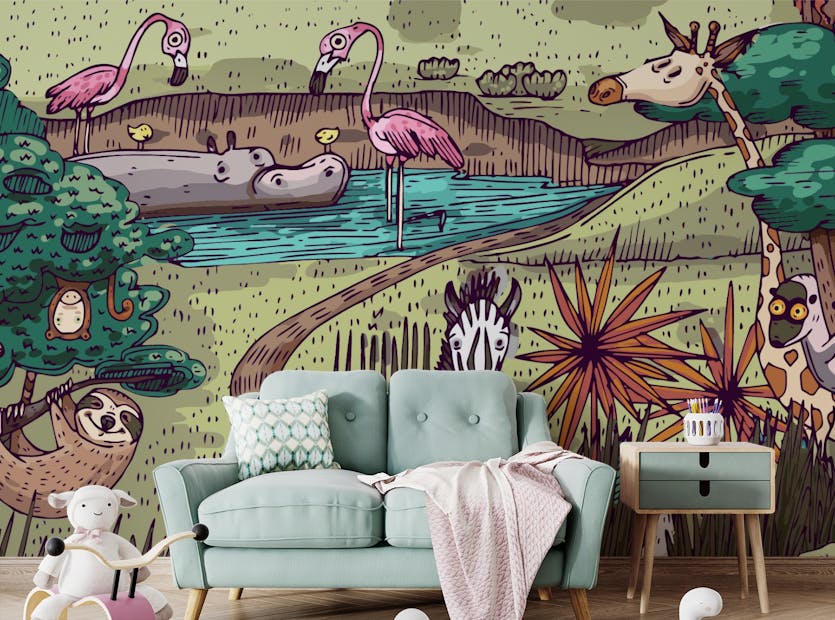 Removable Jungle Safari Cute Cartoon Animals Wallpaper Murals