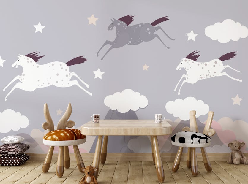 Peel and Stick Flying Horses In Sky Removable Wallpaper Mural For Kids