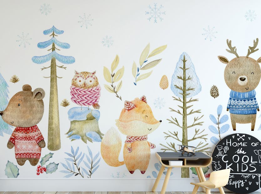 Peel and Stick Watercolor Winter Forest Baby Bear Wallpaper Murals