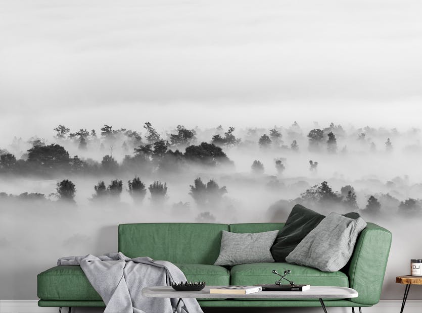 Removable Black and White Clouds Foggy Forest Wallpaper