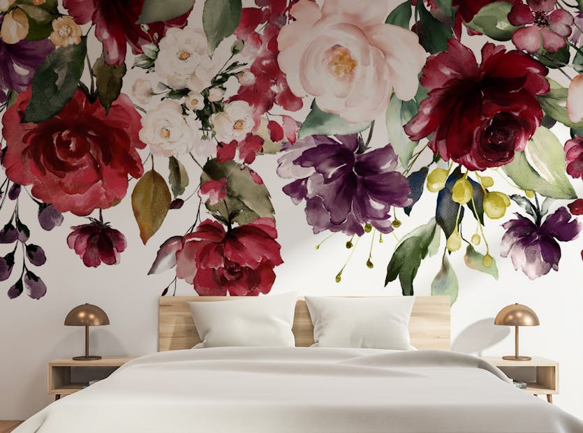Removable Red Color Wild Floral Wallpaper Murals