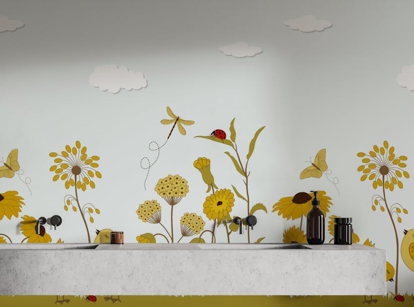 Removable Birds with Yellow Color Flower Wallpaper Murals
