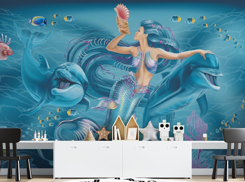 Peel and Stick Blue Color Underwater Mermaid Wallpaper For Walls