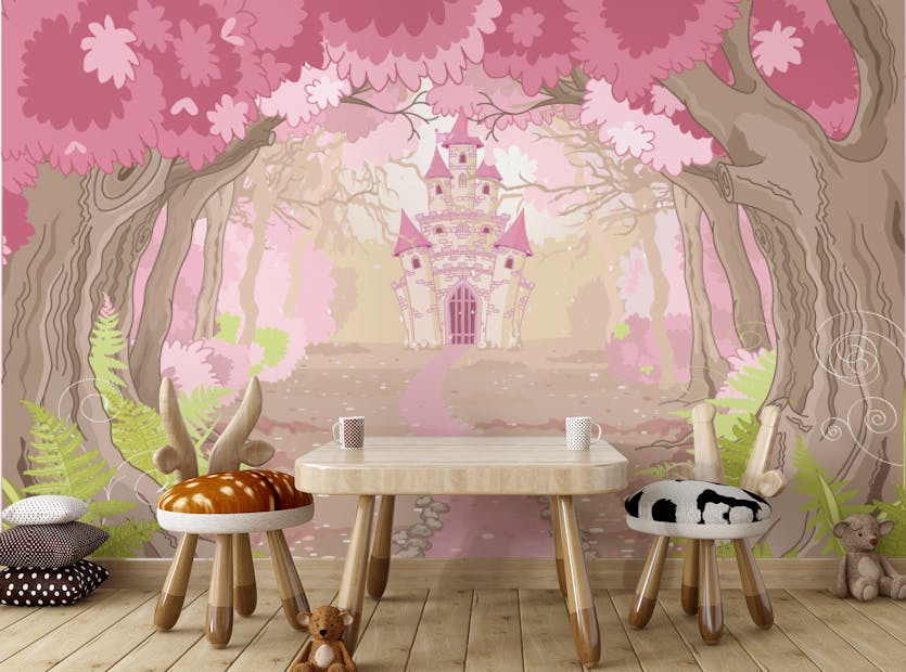 Peel and Stick Fantasy Castle Pink Color Girls Room Wallpaper Mural