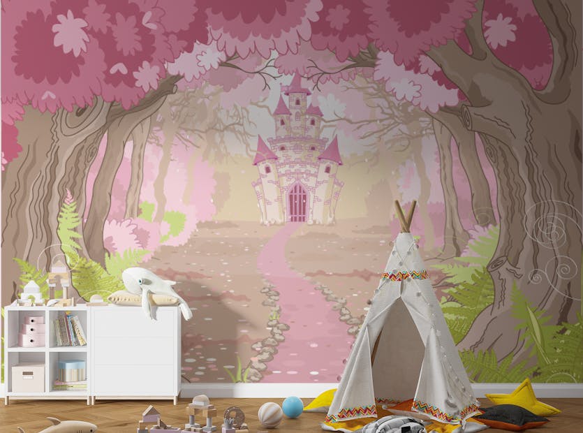Removable Fantasy Castle Pink Color Girls Room Wallpaper Mural