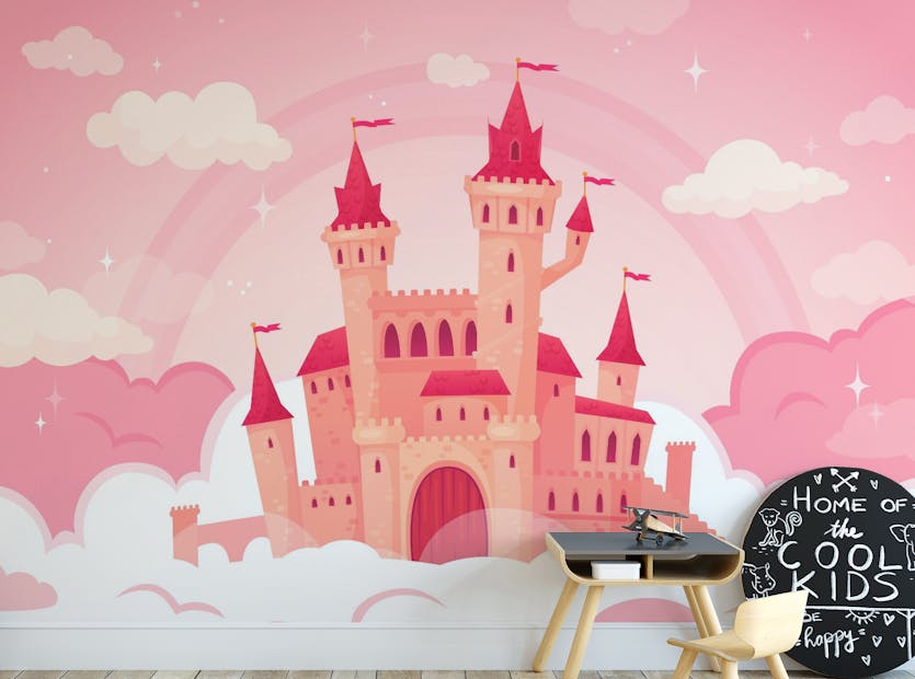 Peel and Stick Pink Color Cartoon Castle Girls Room Wallpaper Murals